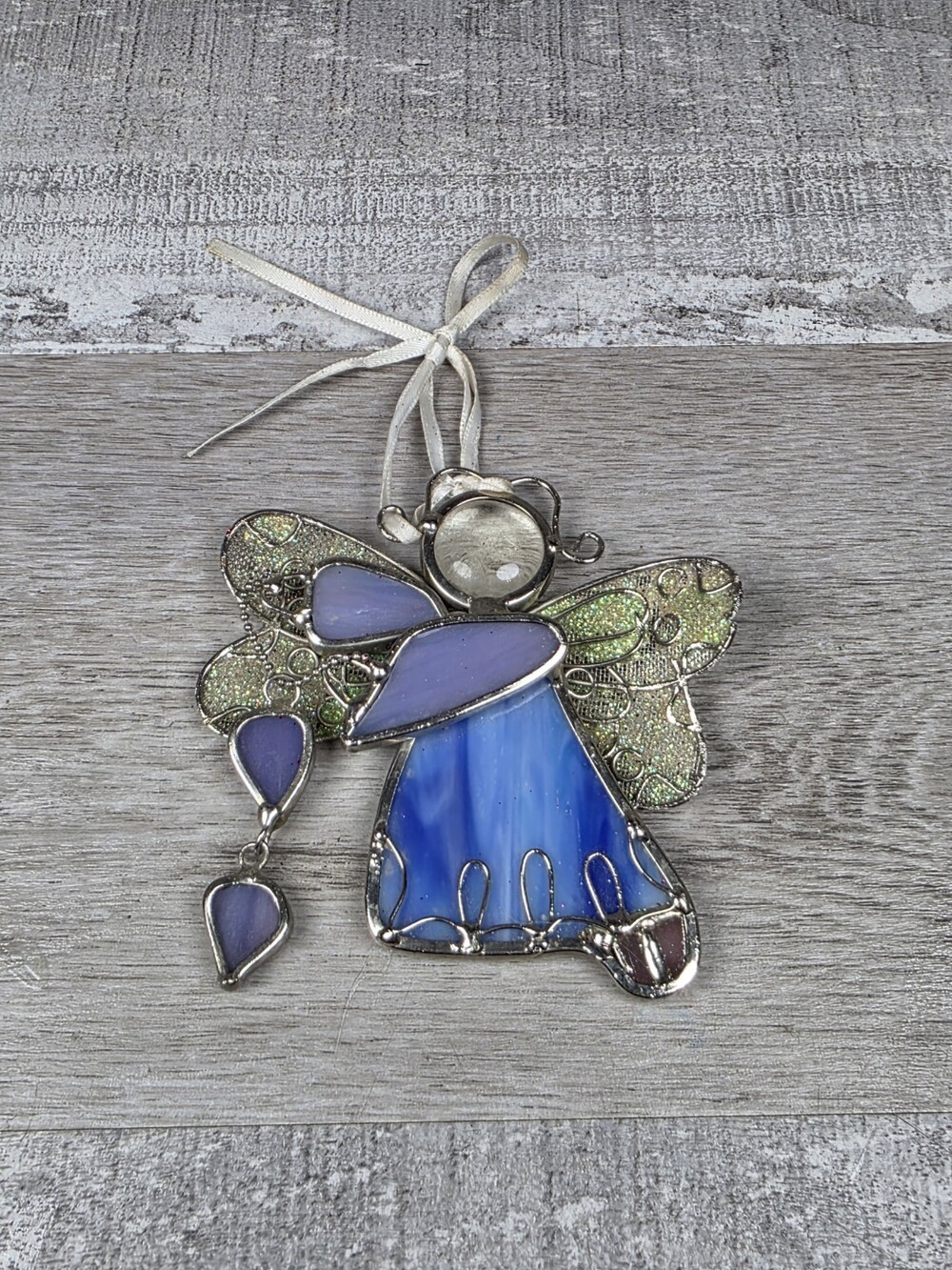Stained Glass Metal Angel 3" Suncatcher Decor Blue Dress Green Wings 31c4